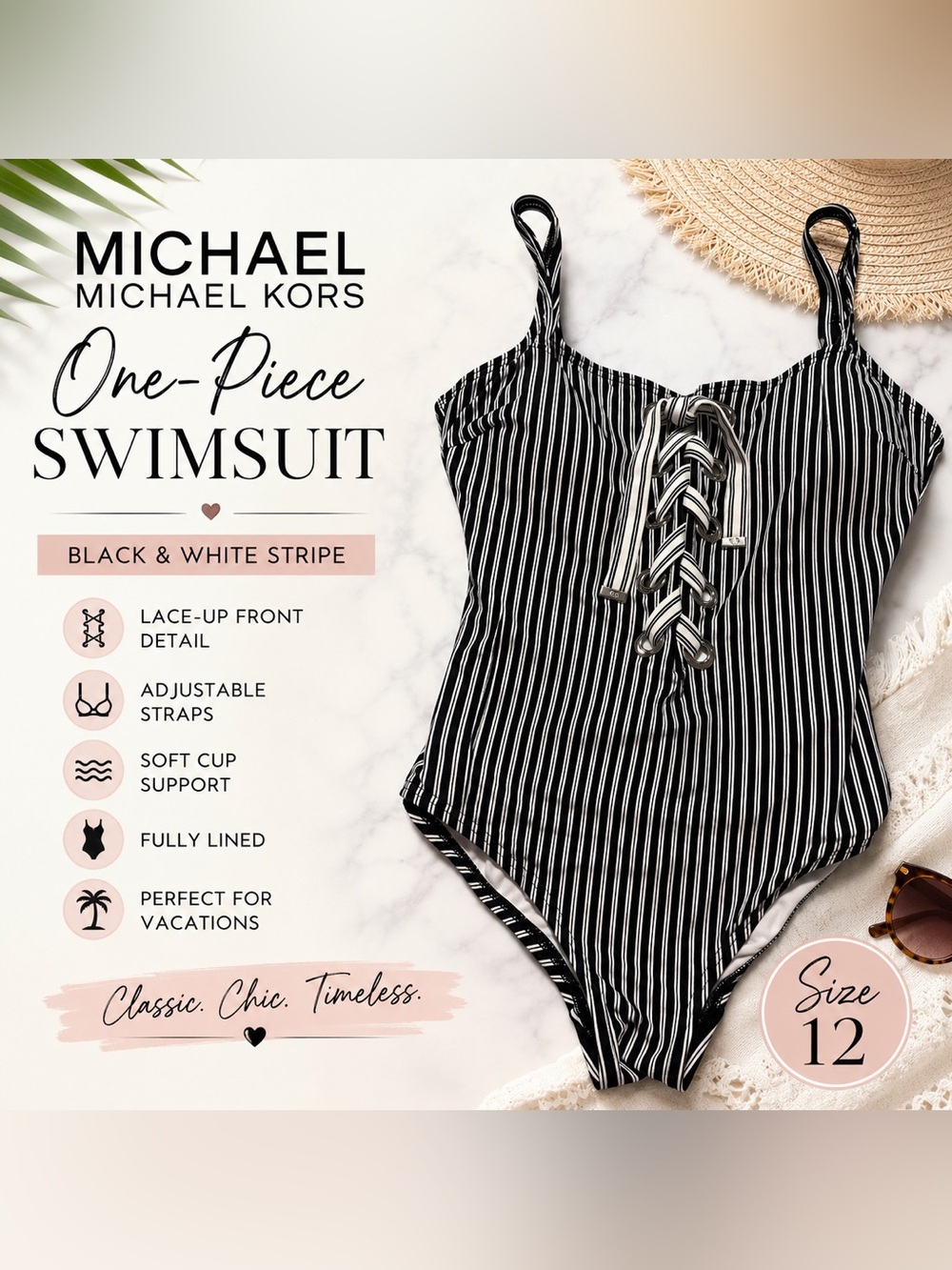 Michael Kors Black & White Striped Lace-Up One-Piece Swimsuit Size 12